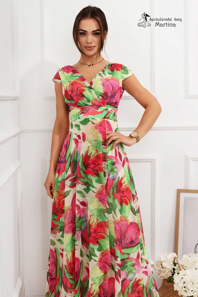 Lehké letní dlouhé šaty s potiskem "Emma" - zelené květy