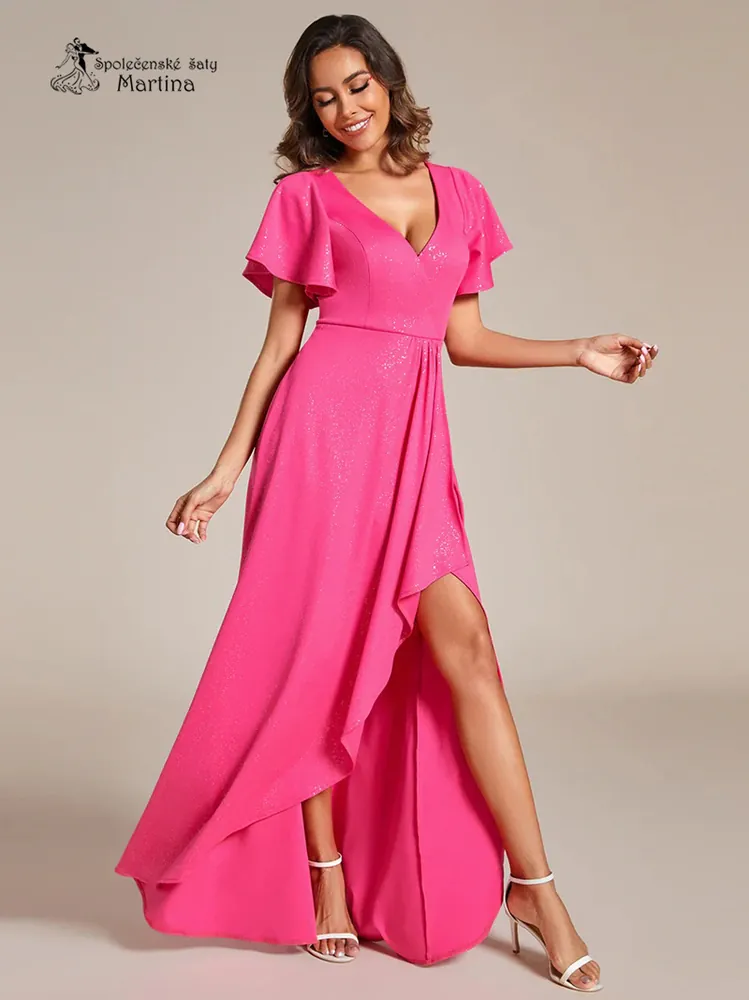 Růžové třpytivé šaty s asymetrickou sukní "Mallory"
