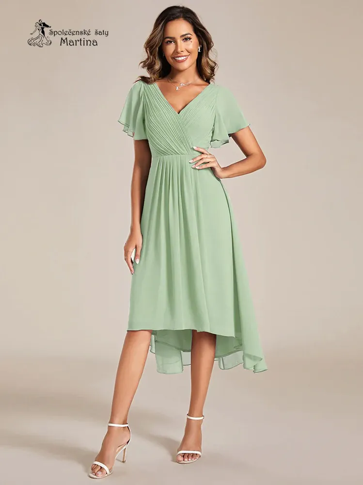 Světle zelené midi asymetrické šifonové šaty s volným rukávem "Debra"