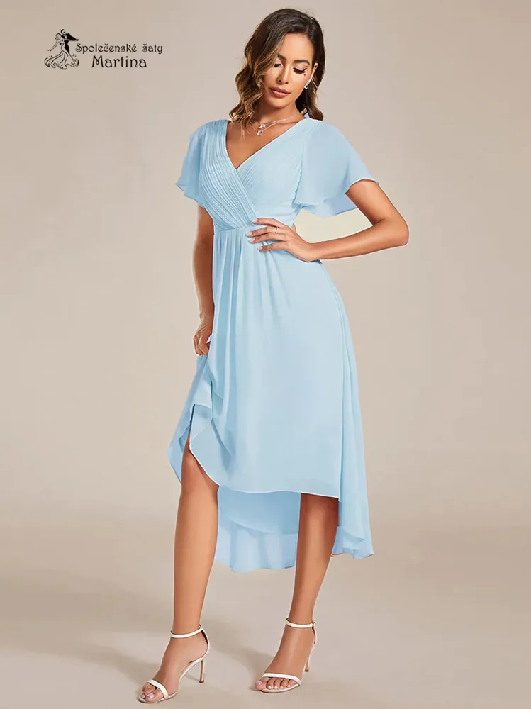 Blankytně modré midi asymetrické šifonové šaty s volným rukávem "Debra" - vel. 40
