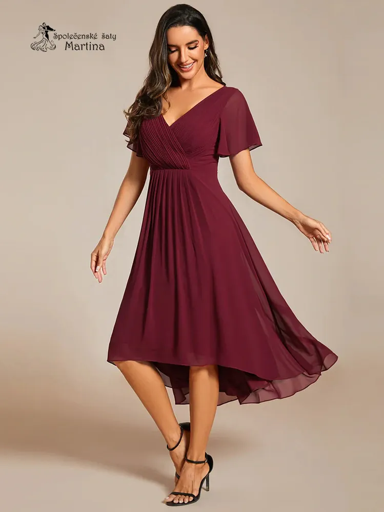 Vínové midi asymetrické šifonové šaty s volným rukávem "Debra" - vel. 42