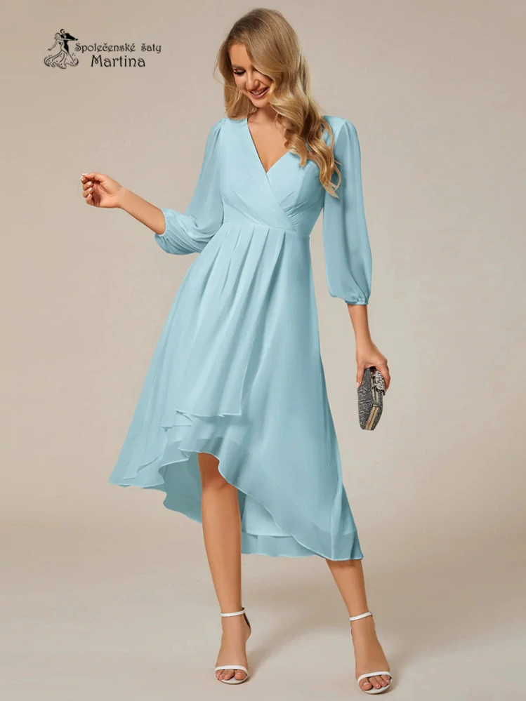 Světle modré midi asymetrické šifonové šaty s 3/4 rukávem "Hirah"