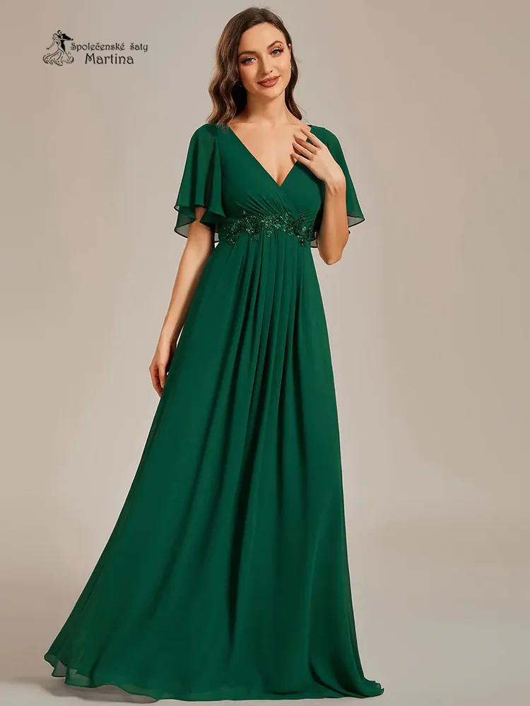 Zelené šifonové šaty "Pandora" s volným rukávem a aplikací v pase