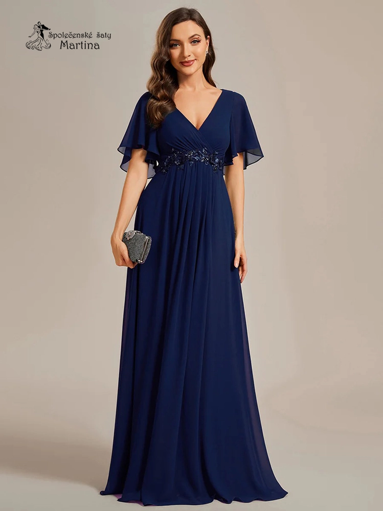 Tmavě modré šifonové šaty "Pandora" s volným rukávem a aplikací v pase