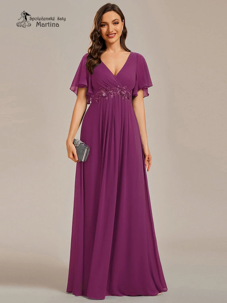 Fuchsiové šifonové šaty "Pandora" s volným rukávem a aplikací v pase