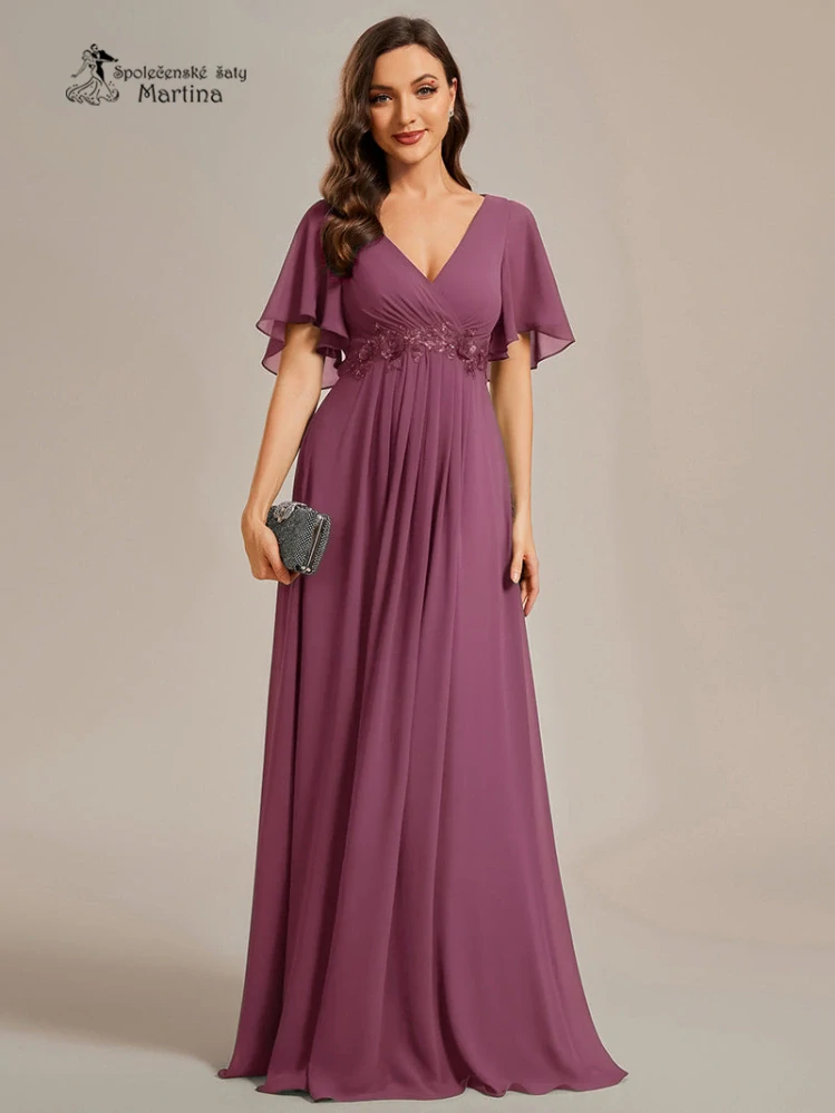 Šeříkové šifonové šaty "Pandora" s volným rukávem a aplikací v pase