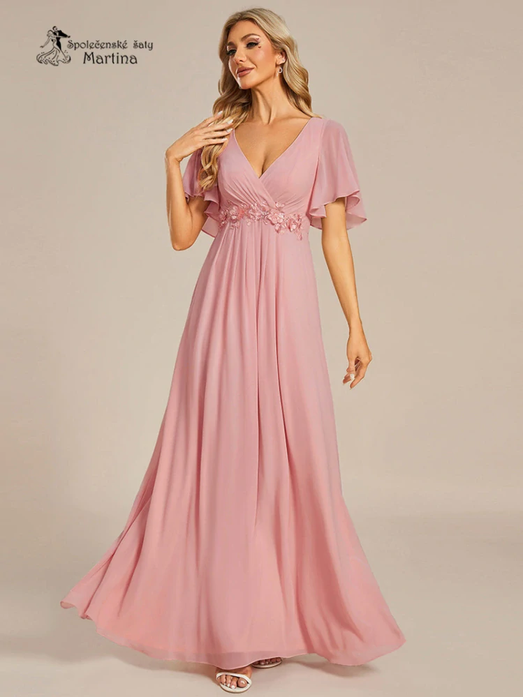 Starorůžové šifonové šaty "Pandora" s volným rukávem a aplikací v pase