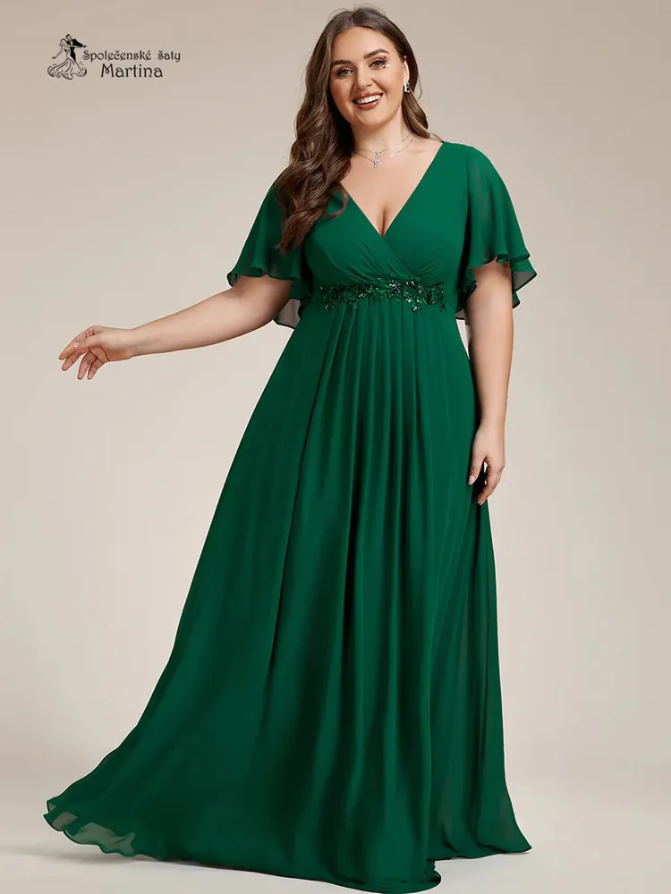 Zelené šifonové XXL šaty "Pandora" s volným rukávem a aplikací v pase