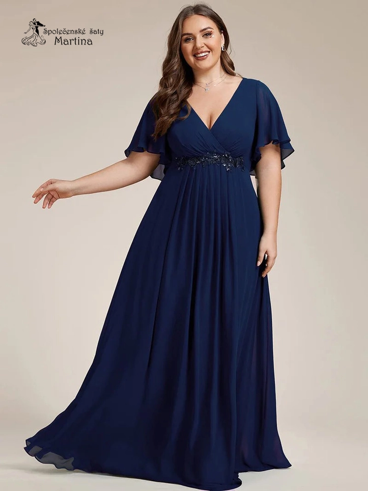 Tmavě modré šifonové XXL šaty "Pandora" s volným rukávem a aplikací v pase