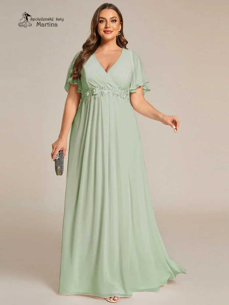 Zelenkavé šifonové XXL šaty "Pandora" s volným rukávem a aplikací v pase