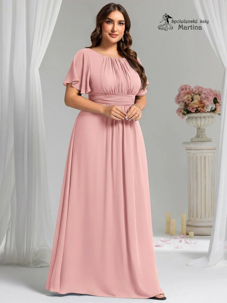 Růžové šifonové šaty s rukávkem a žabičkováním na zádech "Stela"