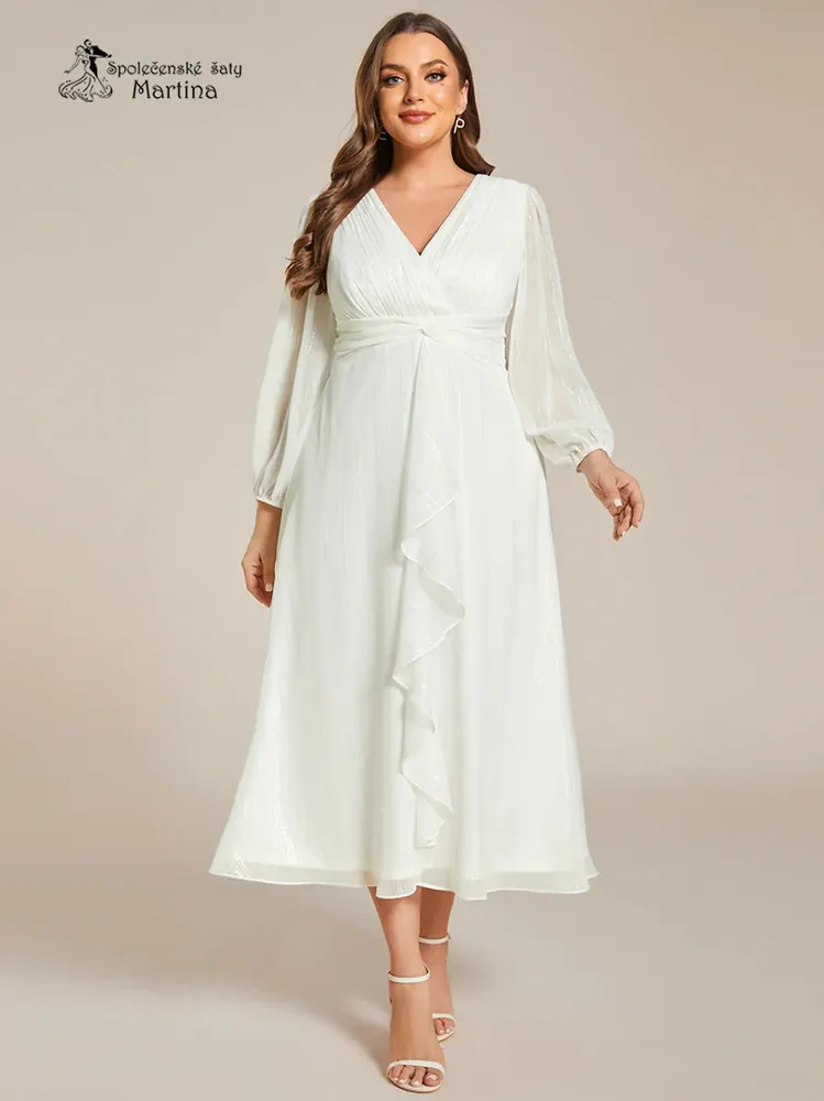 Plus size ecru midi šaty “Katie” s dlouhým rukávem