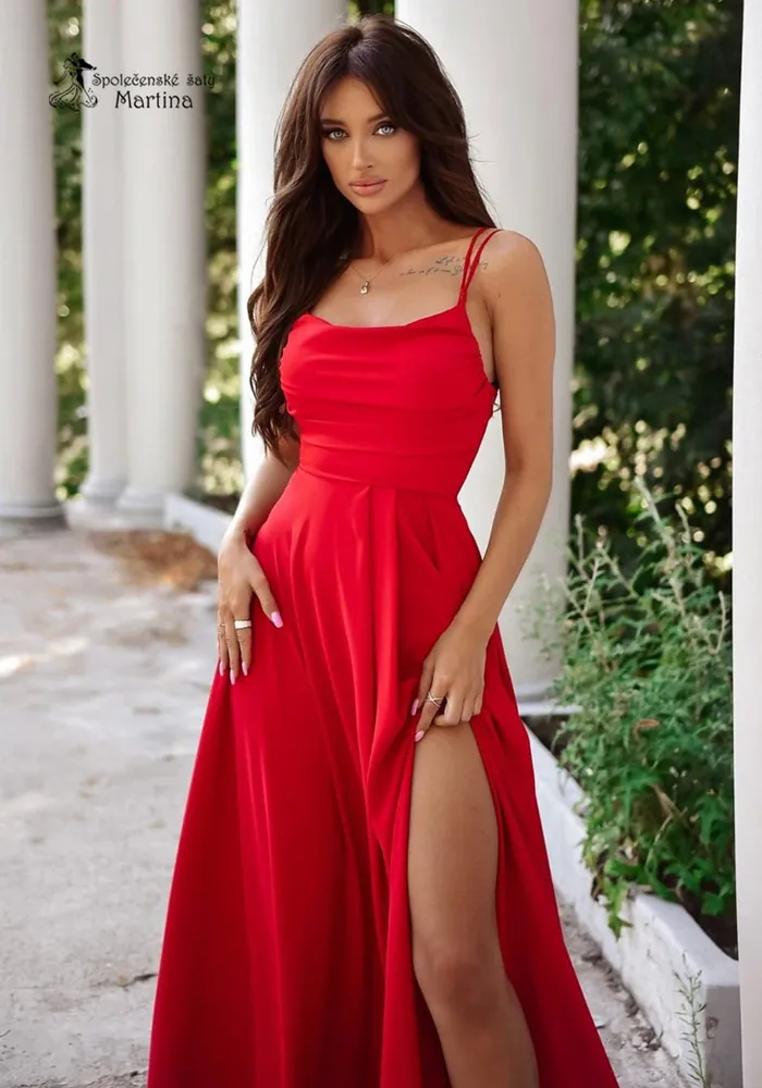 Červené společenské šaty "Valeria" s výstřihem "voda"
