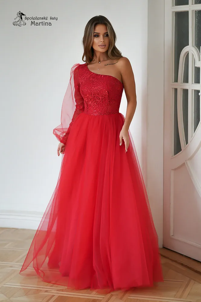 Červené dechberoucí šaty s tylovou sukní a na jedno rameno "Dream"