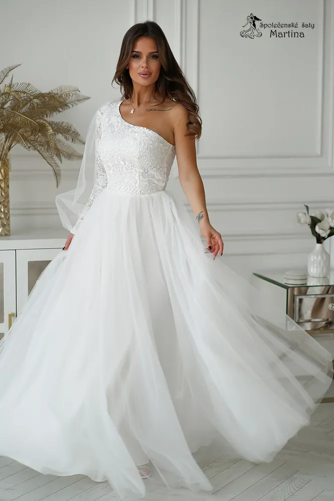 Dechberoucí svatební šaty či na věneček "Dream" s tylovou sukní a na jedno rameno - vel. 38