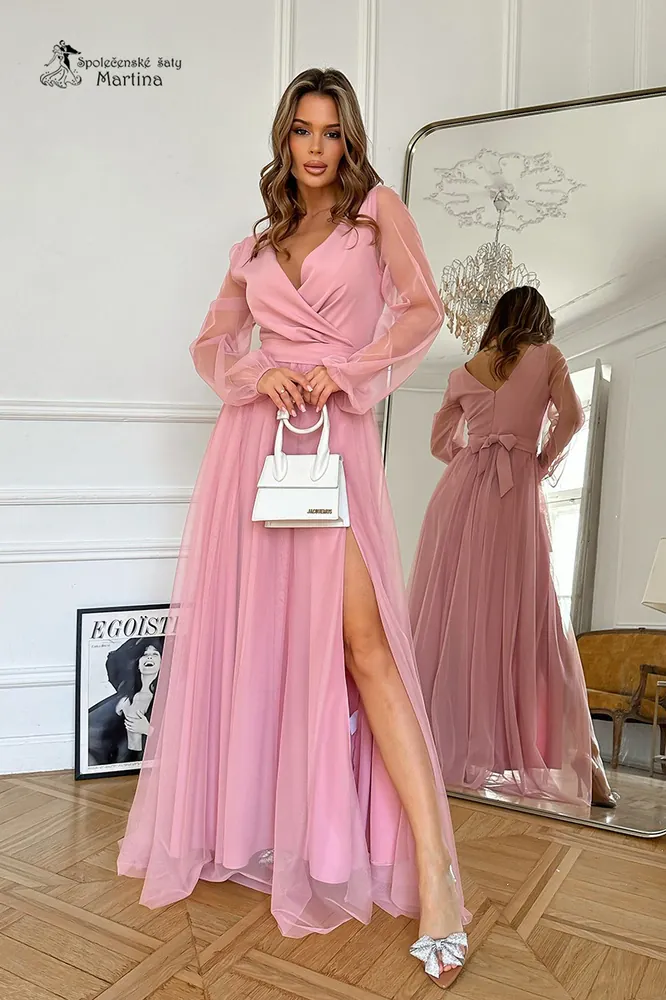 Růžové tylové společenské šaty “Alisha” s dlouhými rukávy