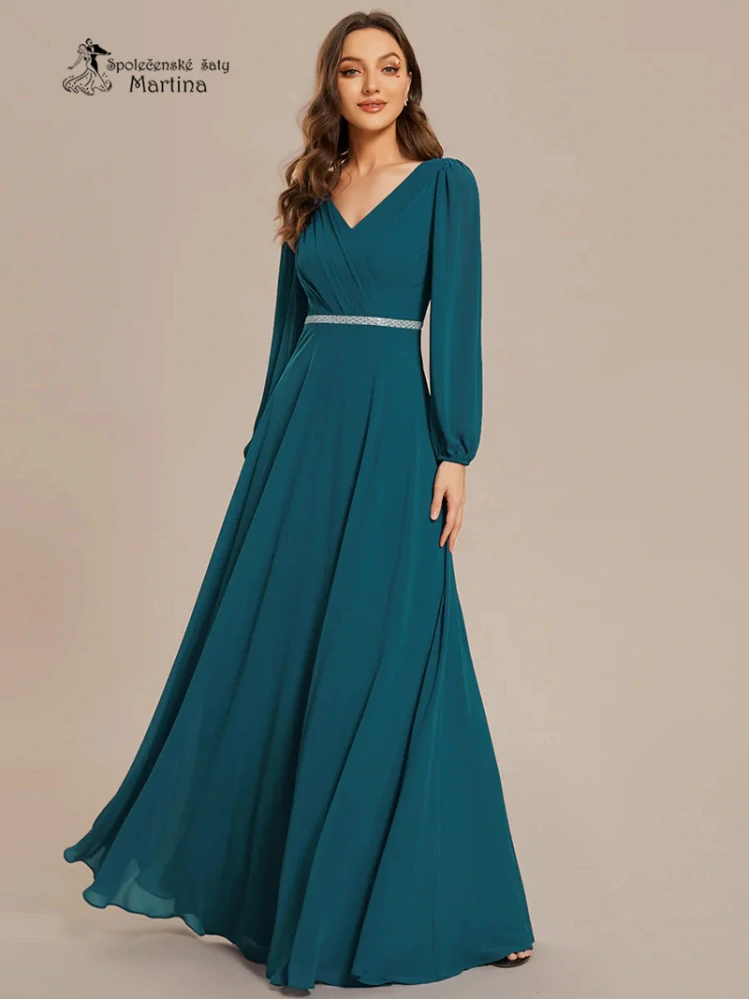 Petrolejové společenské šaty s dlouhými rukávy "Kerenza"