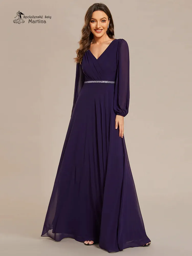 Tmavě fialové společenské šaty s dlouhými rukávy "Kerenza"
