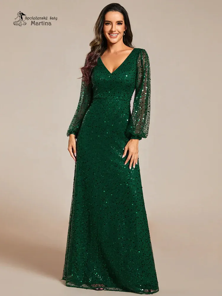 Tmavě zelené celozdobené společenské šaty s dlouhými rukávy "Careen"