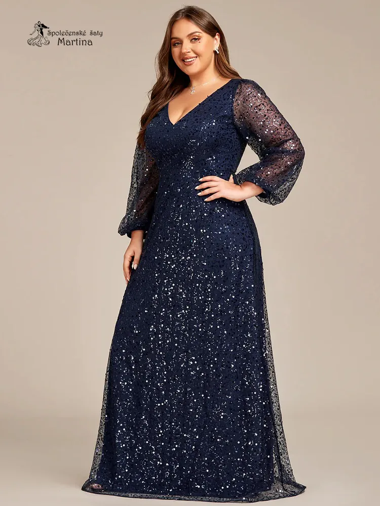 Tmavě modré celozdobené společenské XXL šaty s dlouhými rukávy "Careen"