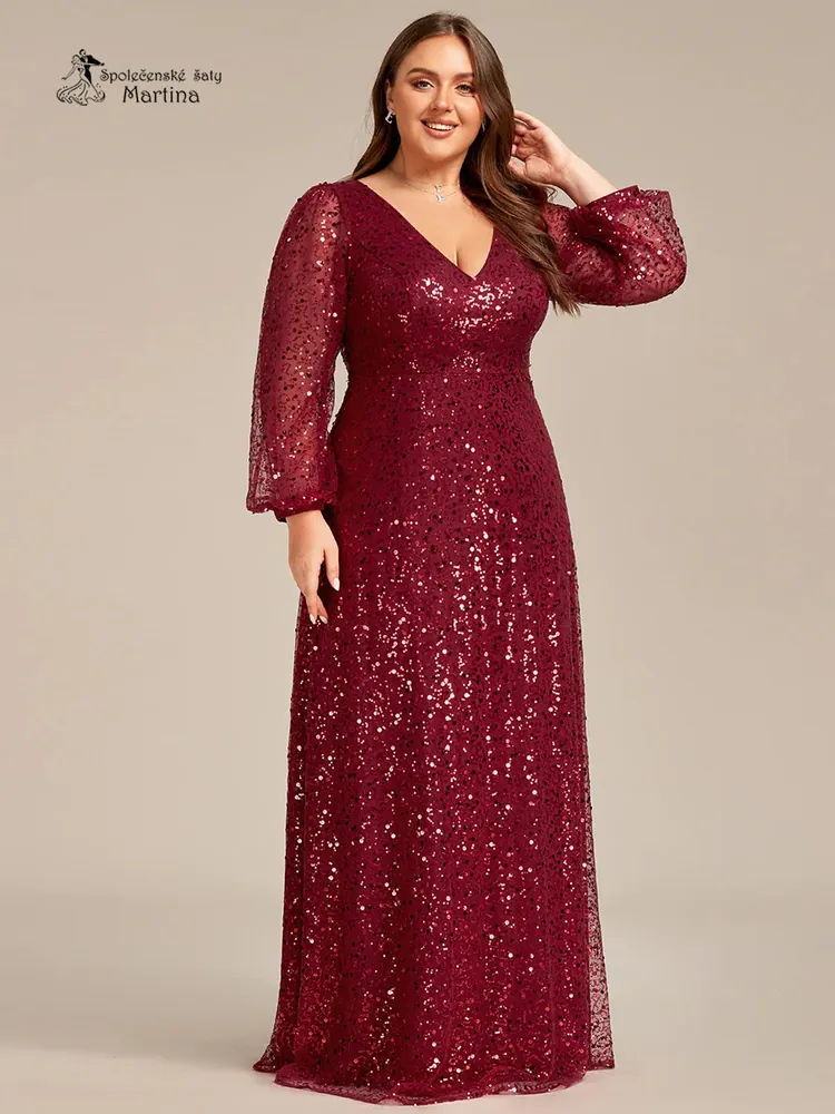 Vínové celozdobené společenské XXL šaty s dlouhými rukávy "Careen"