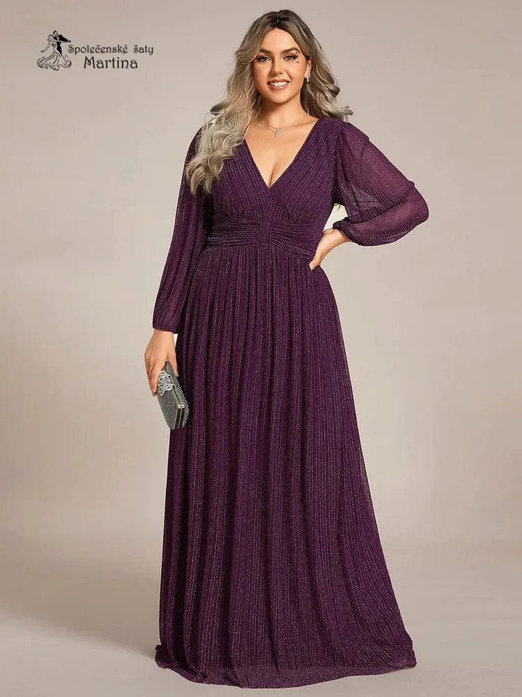 Fialové žebrované společenské XXL šaty "Antony" s dlouhými rukávy 