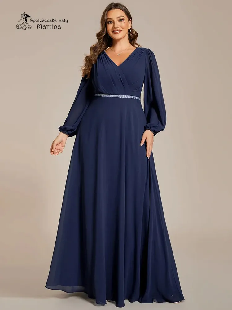 Tmavě modré plus size společenské šaty s dlouhými rukávy "Kerenza"