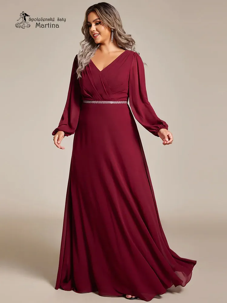 Vínové plus size společenské šaty s dlouhými rukávy "Kerenza"