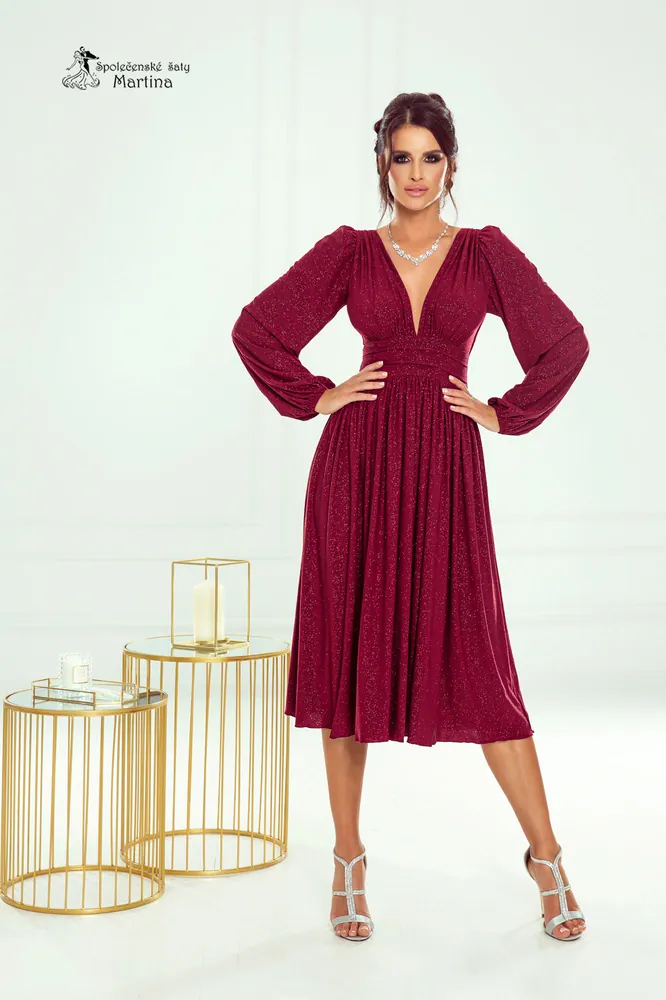 Vínové třpytivé midi šaty "Klara" s dlouhým rukávem