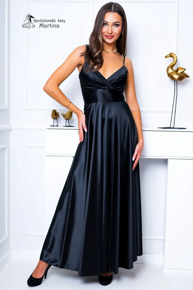 Černé saténové společenské šaty "Lauryn" na tenká ramínka - vel. 42