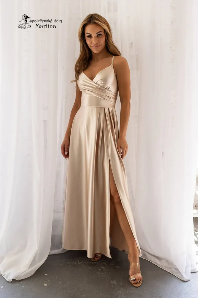 Zlaté saténové společenské šaty "Stella" s rozparkem a překládaným živůtkem