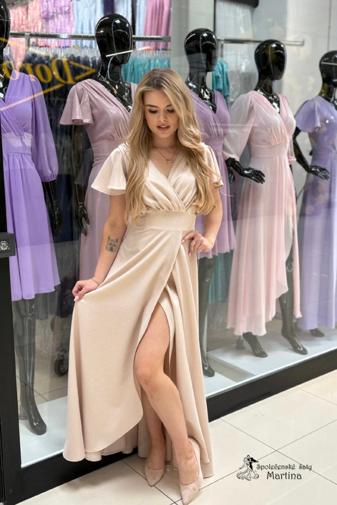 Béžové třpytivé asymetrické společenské šaty "Lorin"