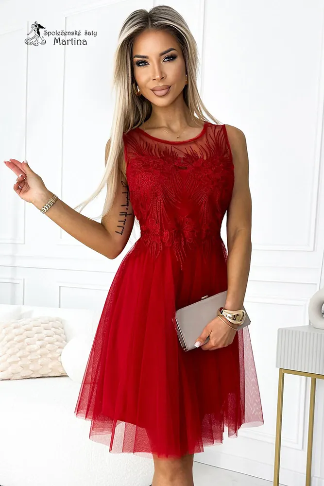 Krátké červené šaty "Caterina" s tylovou sukýnkou a vzorovaným živůtkem