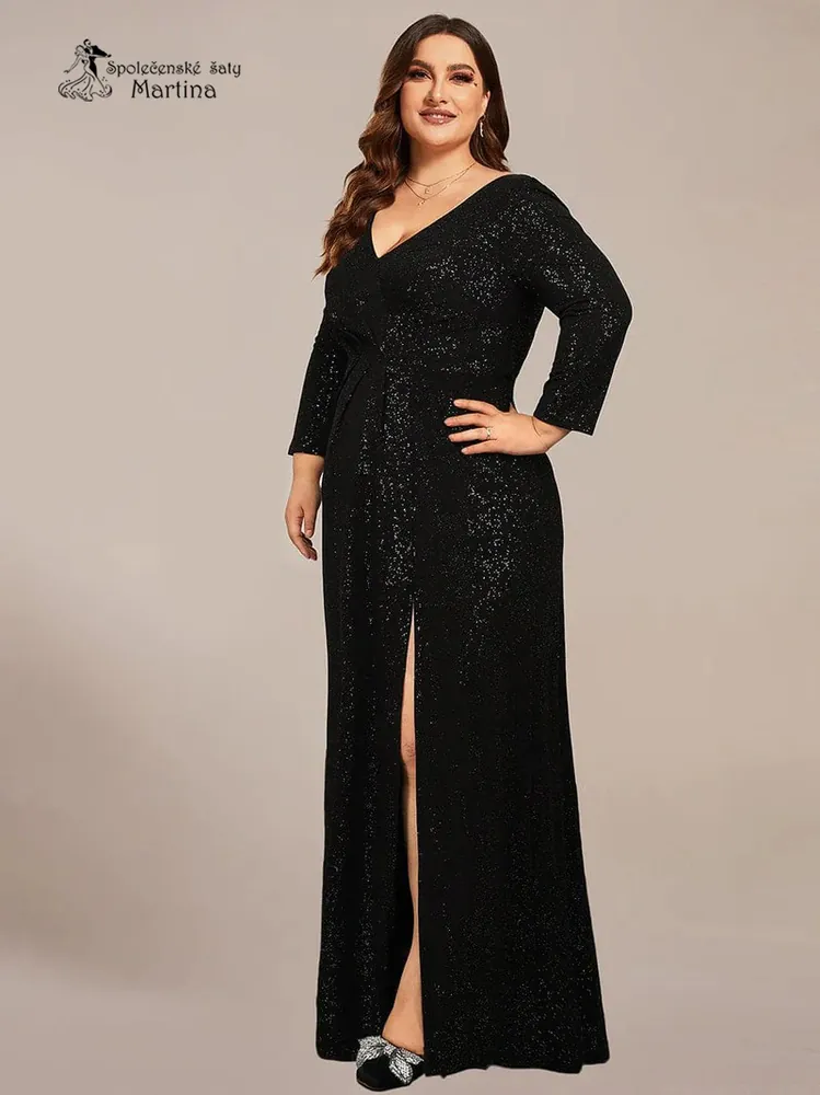 XXL černé třpytivé společenské šaty s dlouhými rukávy "Natalia"