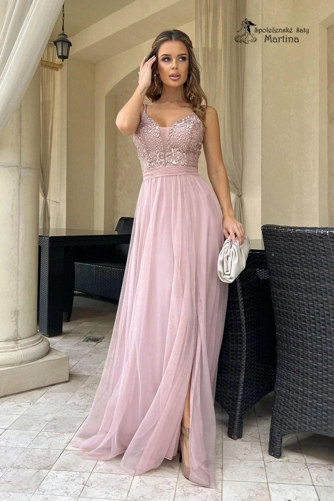 Tylové starorůžové šaty "Marylin" s krásně zdobeným živůtkem