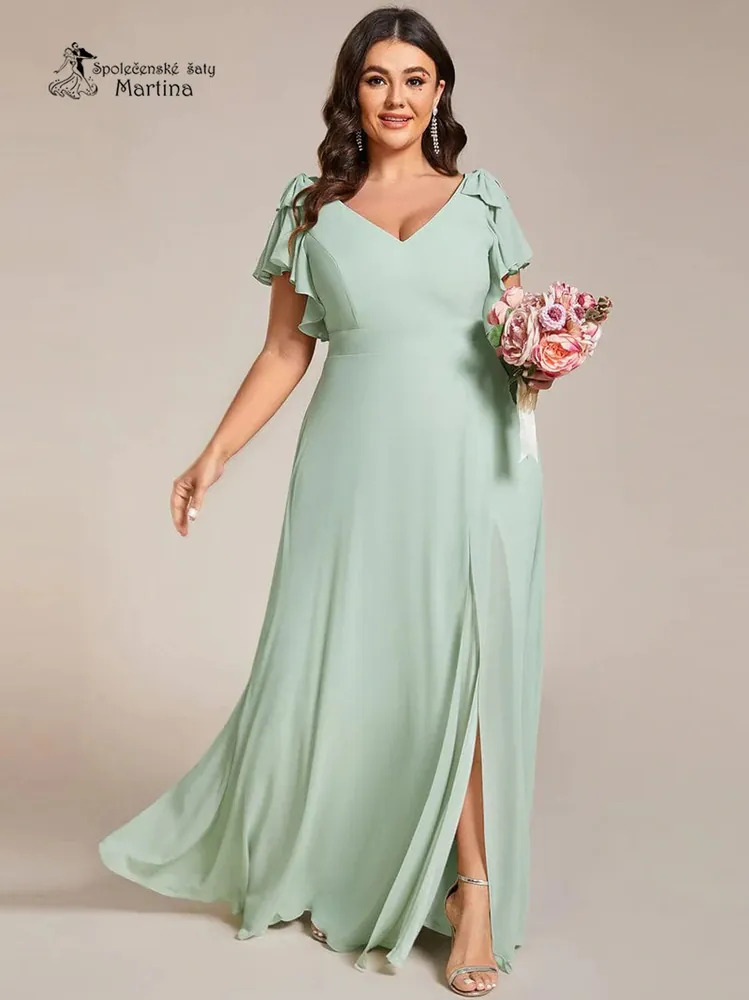 XXL zelenkavé šifonové šaty "Simone" pro družičku či svatebního hosta