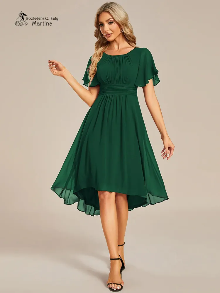 Jednoduché lahvově zelené šifonové šaty po kolena "Lola" s krátkým rukávem