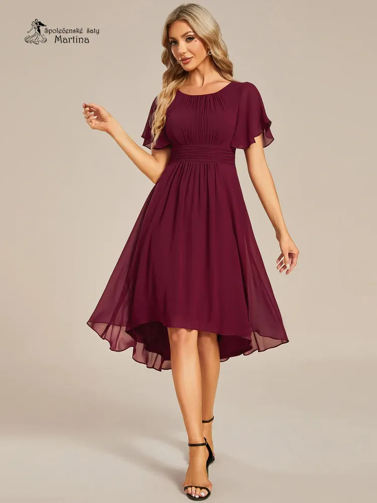 Jednoduché vínové šifonové šaty po kolena "Lola" s krátkým rukávem