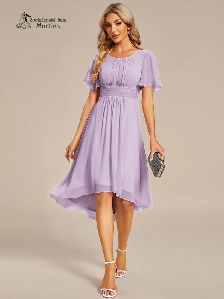 Jednoduché lila šifonové šaty po kolena "Lola" s krátkým rukávem