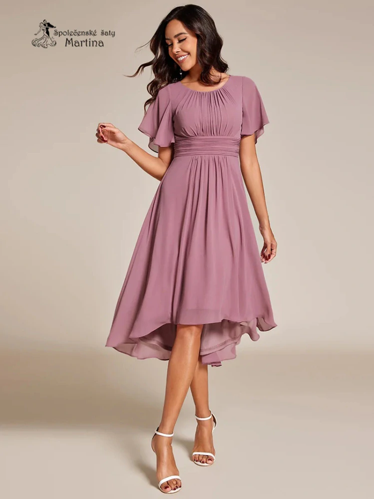 Jednoduché starorůžové šifonové šaty po kolena "Lola" s krátkým rukávem