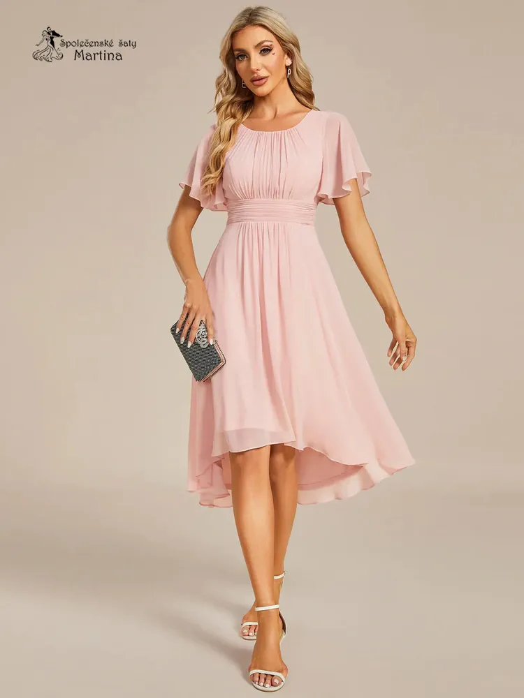 Jednoduché růžové šifonové šaty po kolena "Lola" s krátkým rukávem