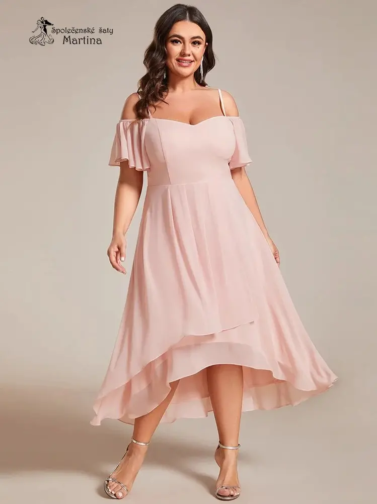 Růžové XXL asymetrické šaty "Belinda" se spadenými rukávy