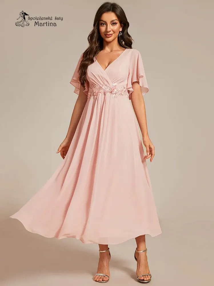 Růžové midi šaty pro svatební maminku či hosta "Mousse" s volnými rukávy