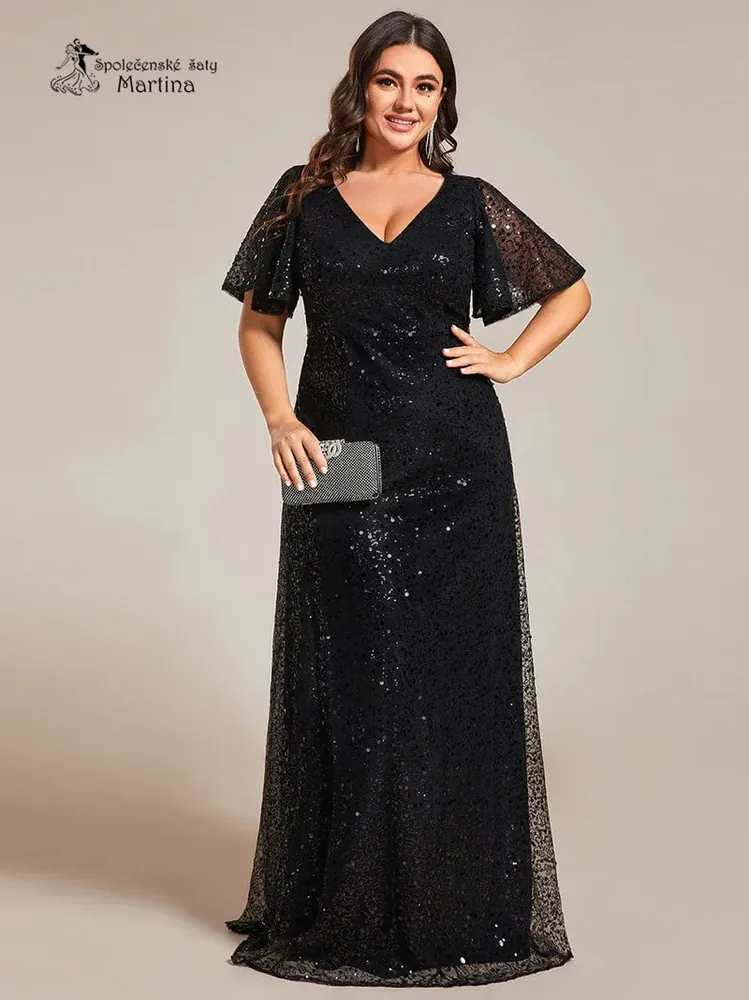 XXL černé celozdobené společenské šaty s volnými rukávy "Kitty"