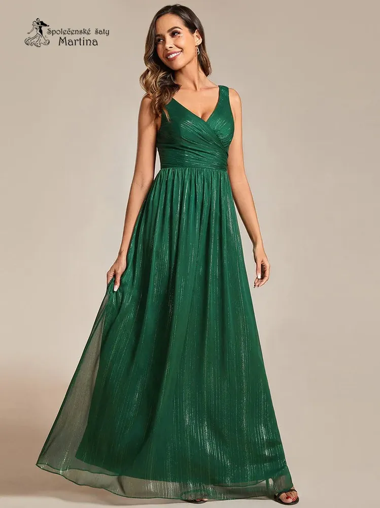 Tmavě zelené dlouhé společenské šaty "Kristeen" z krásné látky protkané stříbrnou nití  