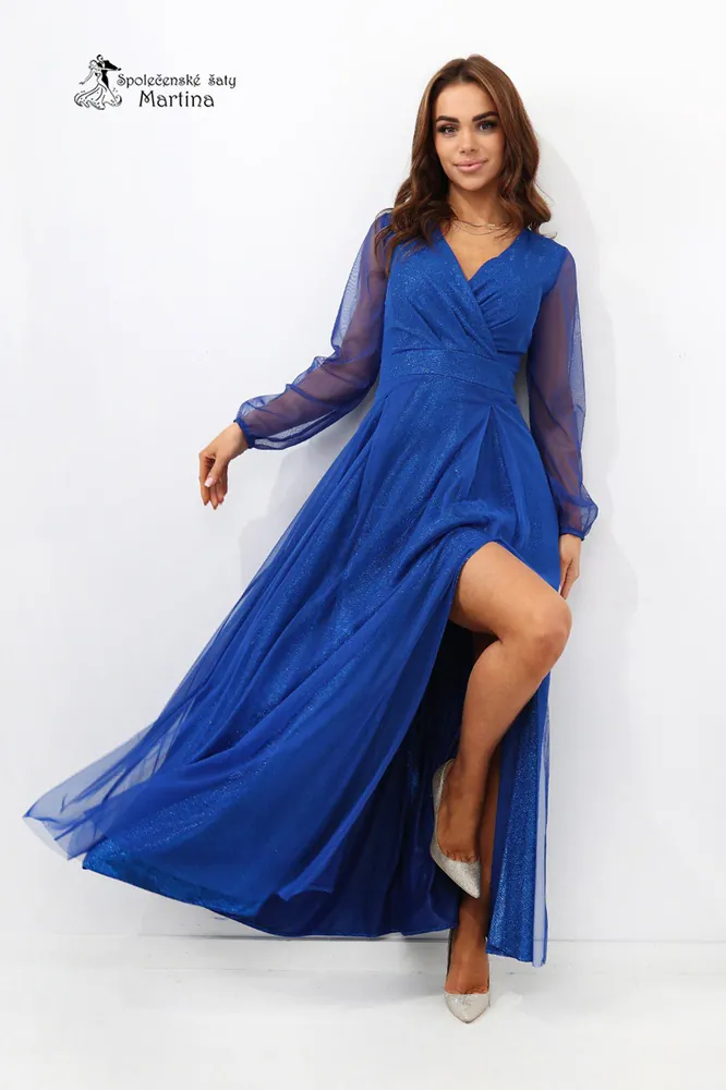 Královsky modré třpytivé tylové šaty s dlouhým rukávem "Zoey"
