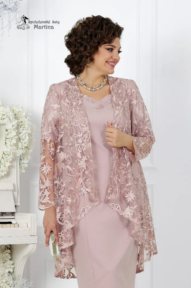 Pudrově růžové pouzdrové šaty s krajkovým kardiganem "Dominique" - vel. 44