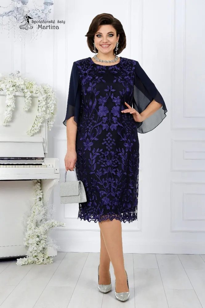 Tmavě modré pouzdrové šaty "Julianna" s netopýřími šifonovými rukávy 