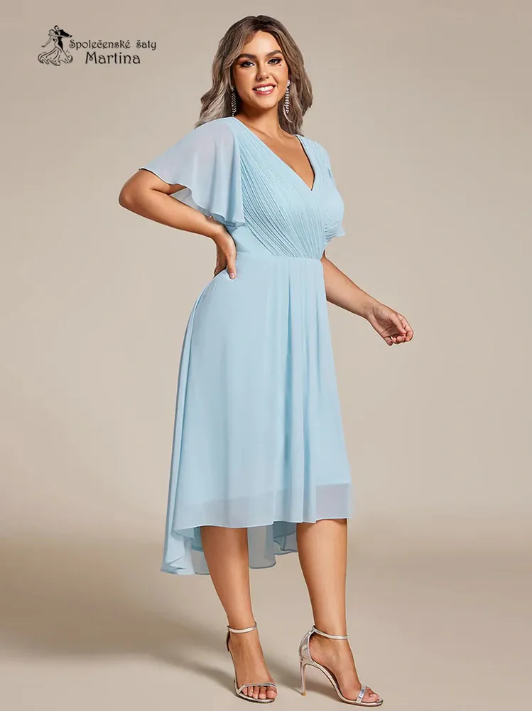Blankytně modré midi asymetrické šifonové šaty s volným rukávem "Debra" - vel. 50