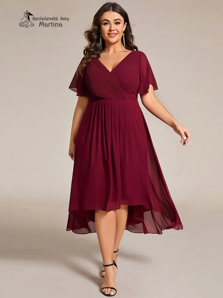 Vínové midi asymetrické šifonové šaty s volným rukávem "Debra" - vel. 52